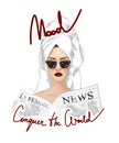 Conquer the world slogan with girl in sunglasses illustration.